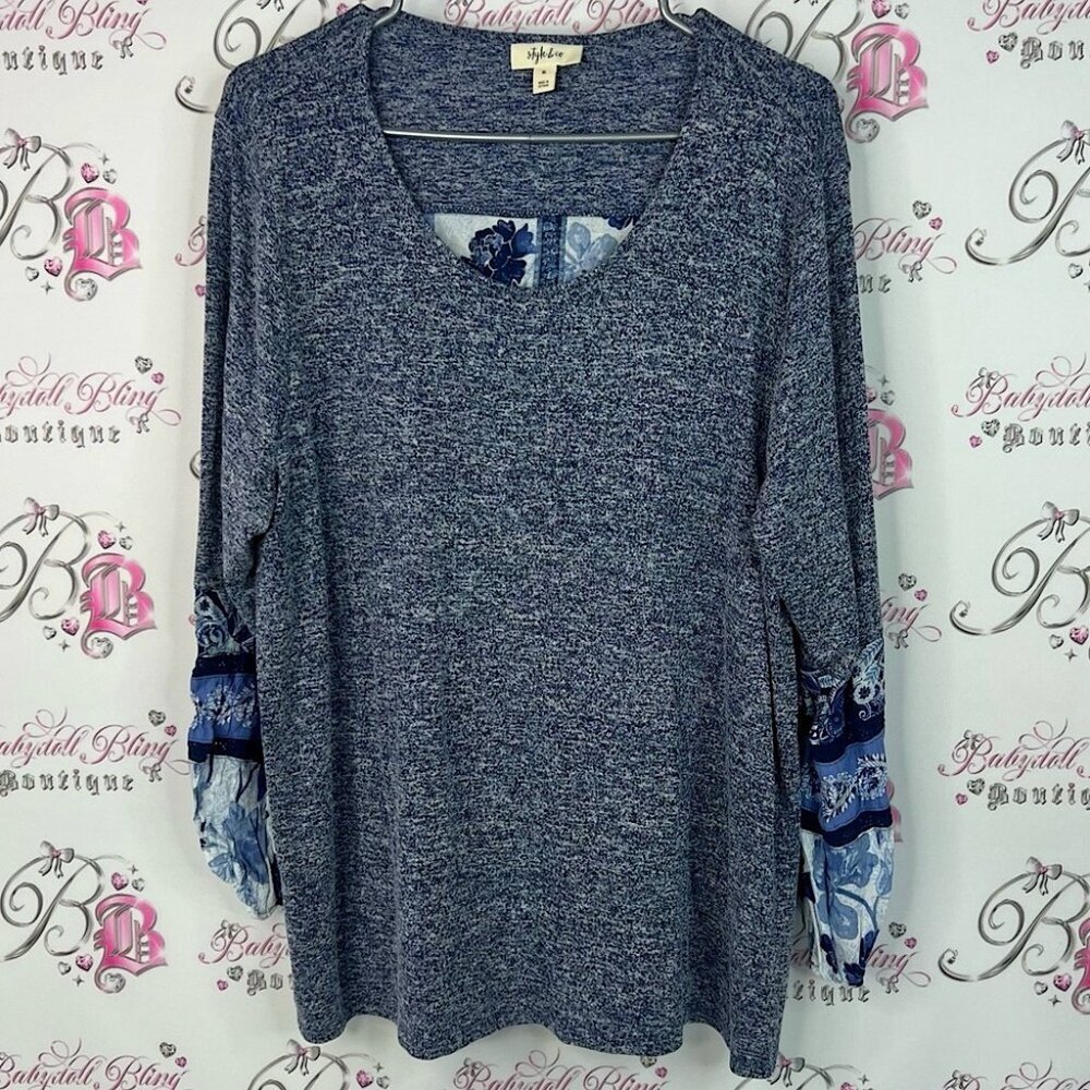 Style & Co. Long sleeve floral flowers bubble sleeve Navy Heathered Top